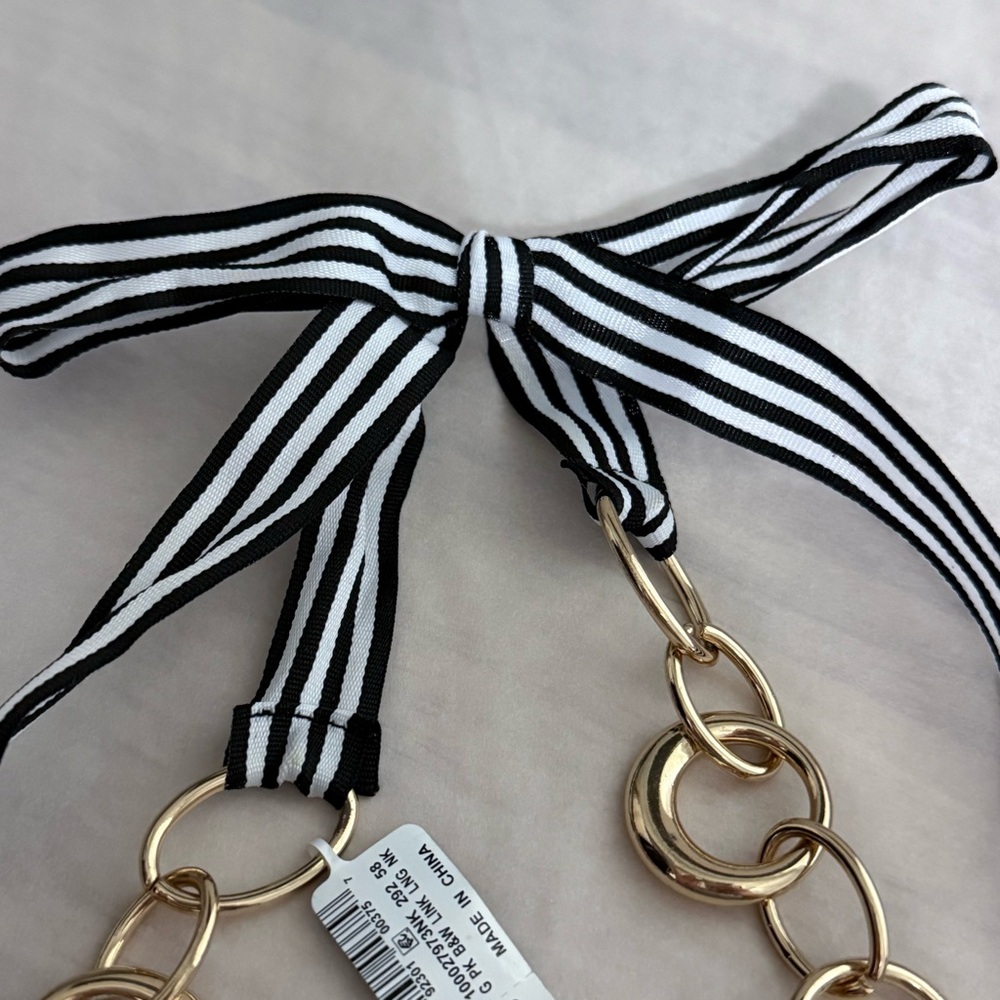 NWT Trina Turk Gold Chain Black & White Stripe Ribbon Tie Necklace - Picture 3 of 5
